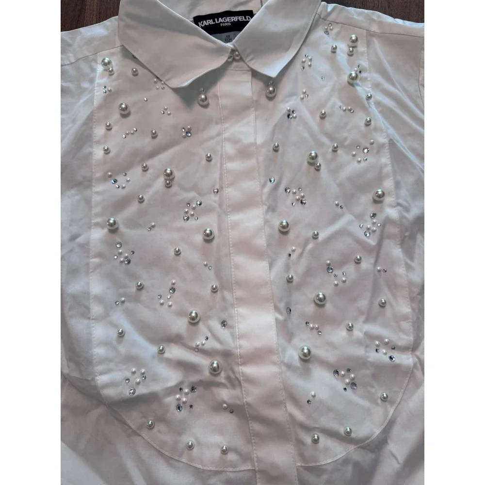 Karl Lagerfeld Paris Womens White Pearl Rhinestone Bib Button Down Shirt XL